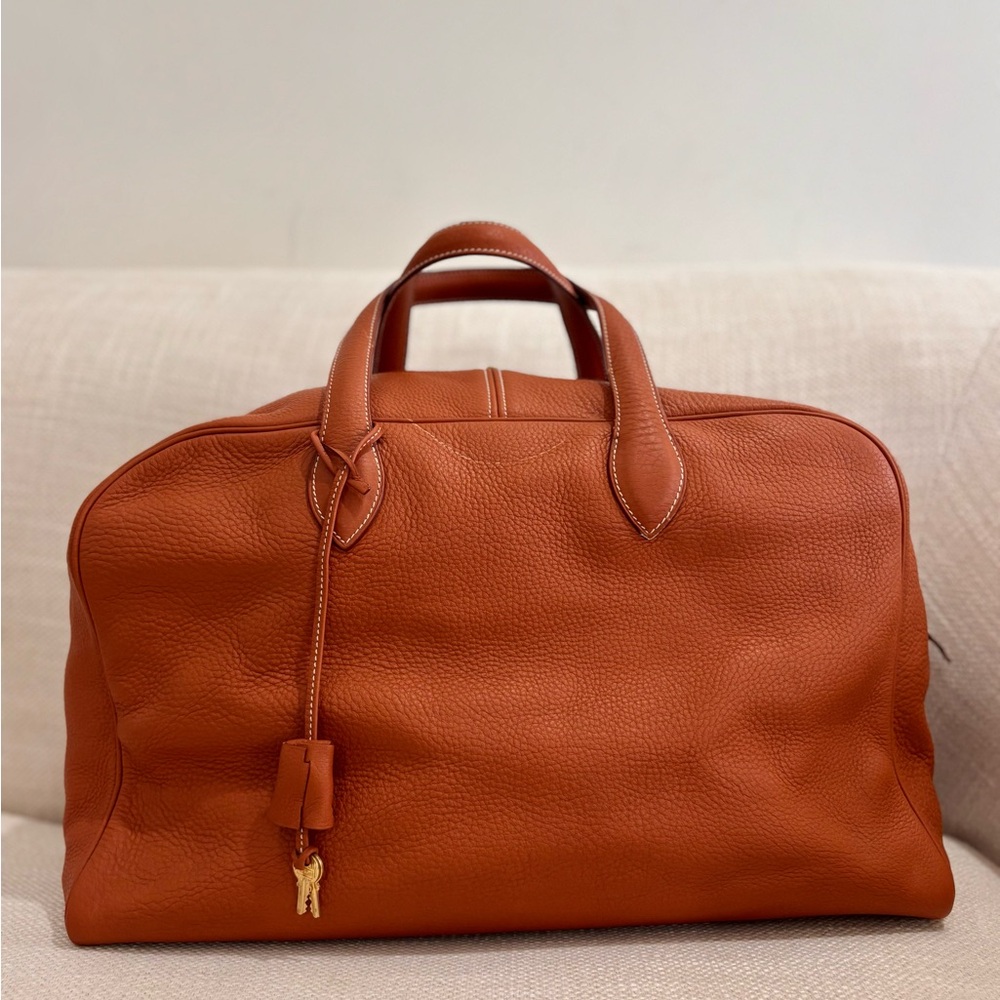 Authentic HERMES Victoria 43 clemence gold brown leather duffle bag unisex